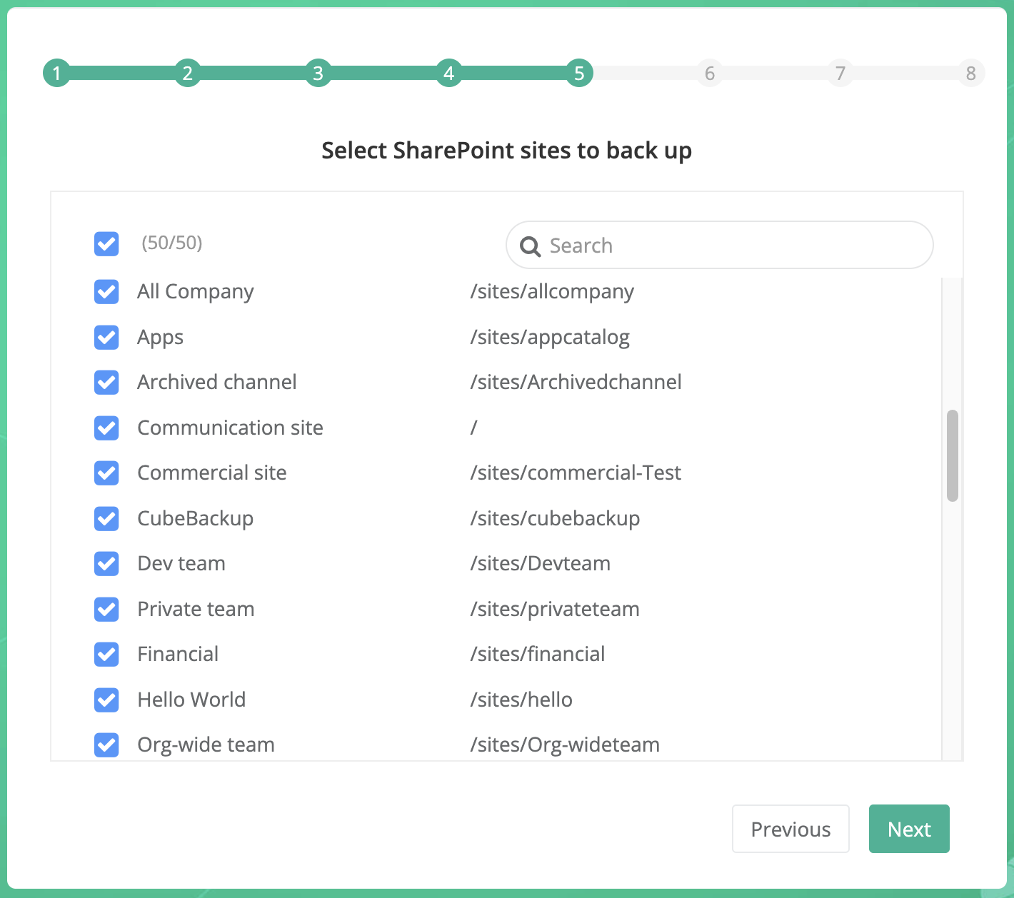 Step 5. Select SharePoint sites to back up